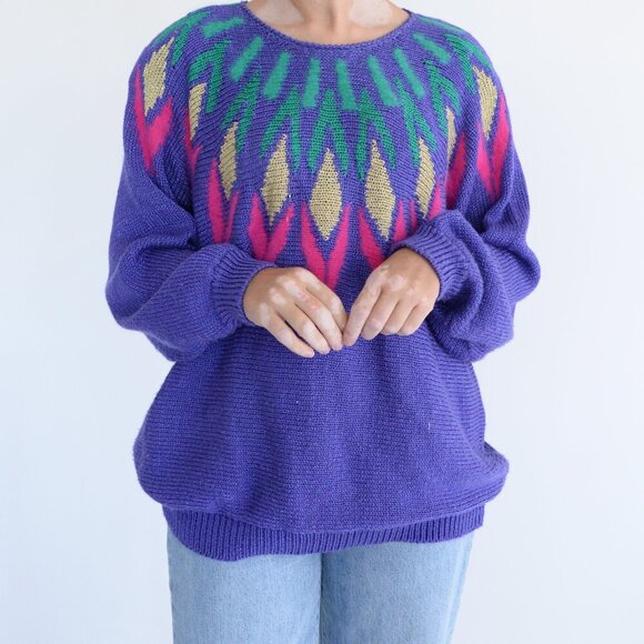 Vintage Franco Valeri Purple Knit Floral Abstract Shoulder Pad Scoop Sweater Xl - Picture 2 of 13